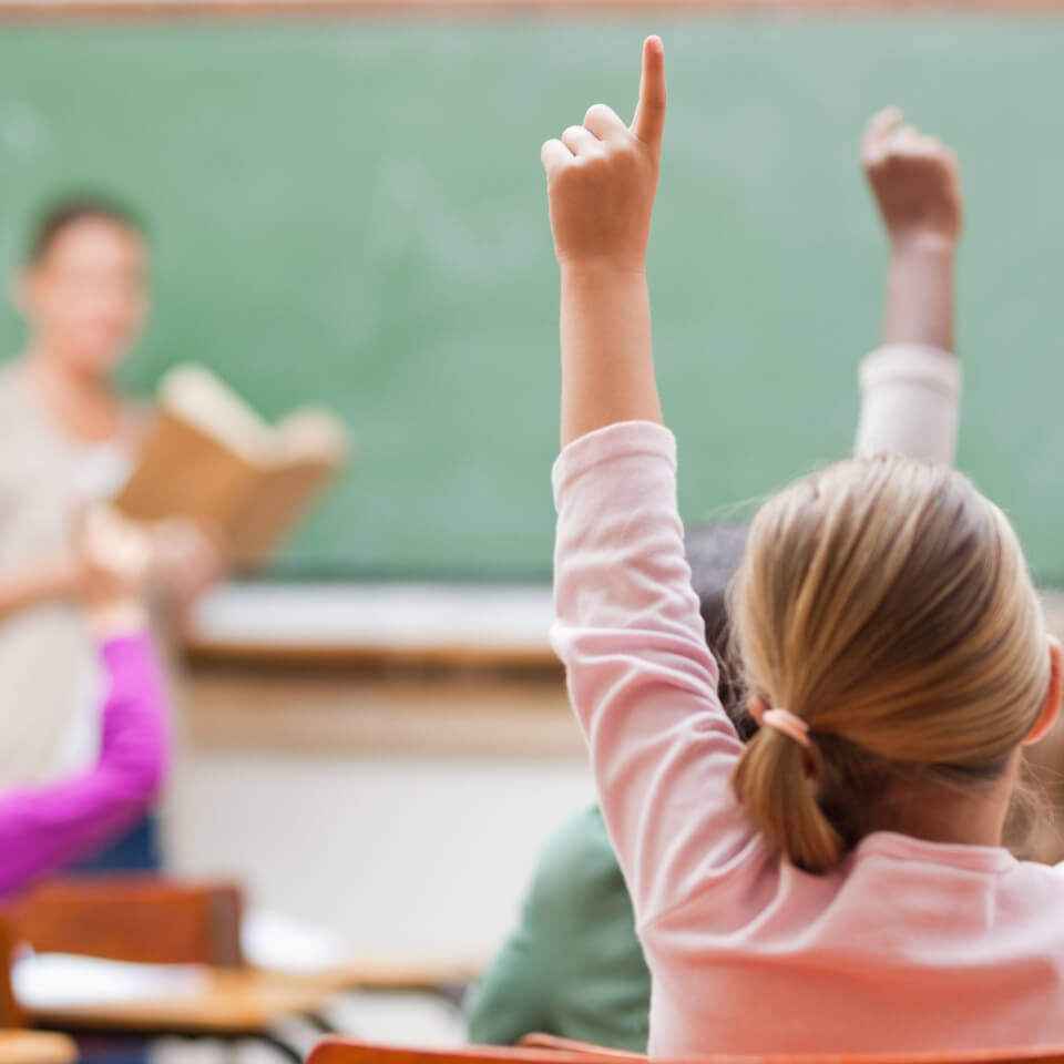 Girl raising hand school
